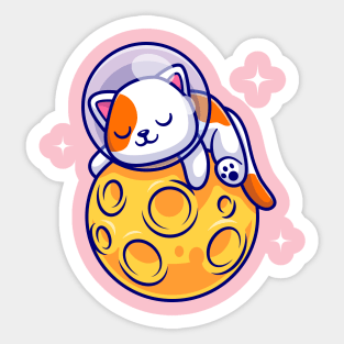 Cute Cat Astronaut Sleeping On Moon Cartoon Sticker